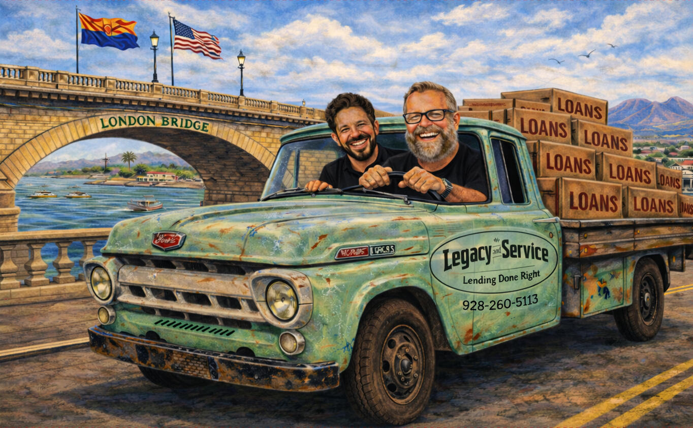 Ernie Severson and Matthew Leimbach in a vintage truck at London Bridge, Lake Havasu City, AZ